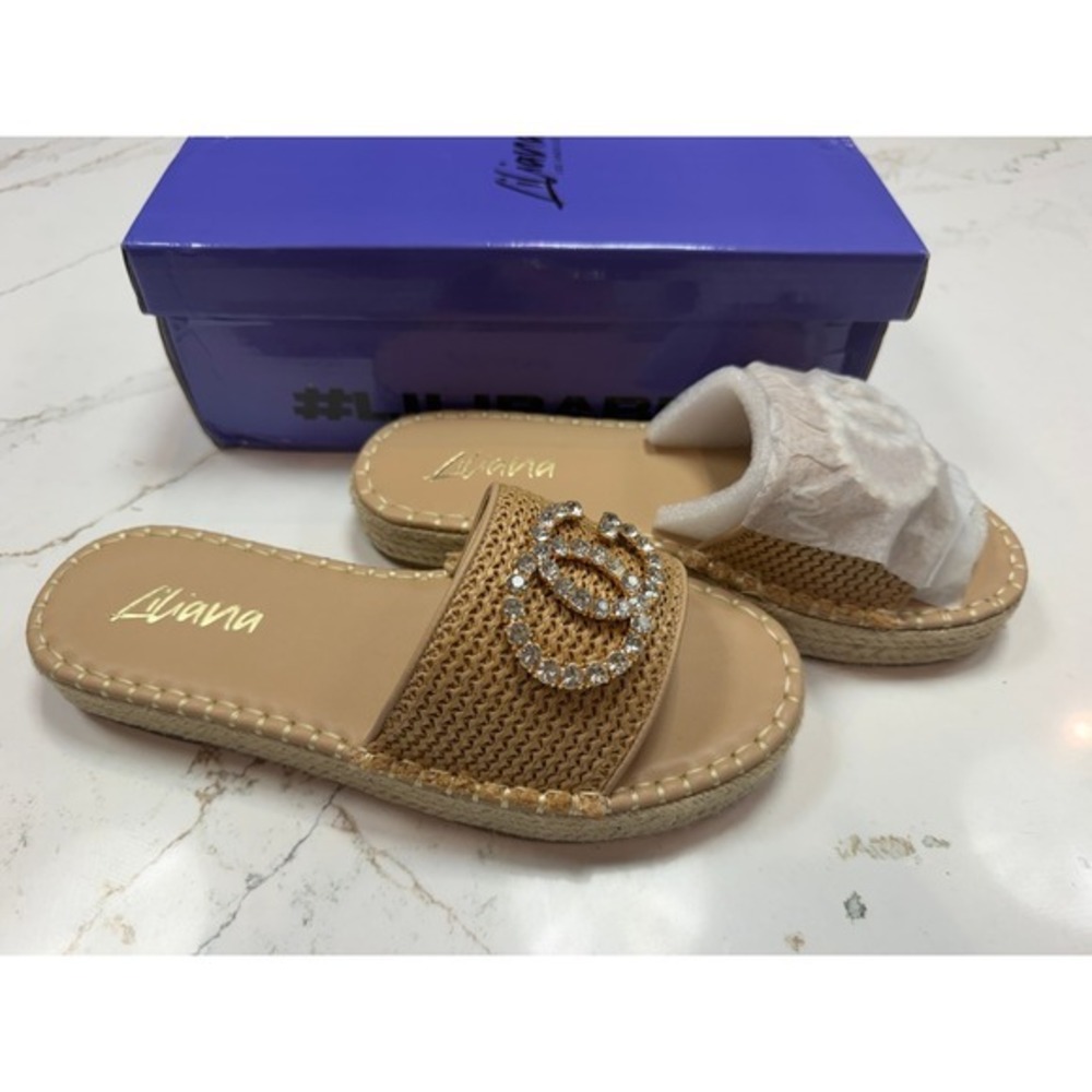 Liliana Chanelle-1 Tan Woven Espadrille Slide Sandals Rhinestone Emblem Womens 8